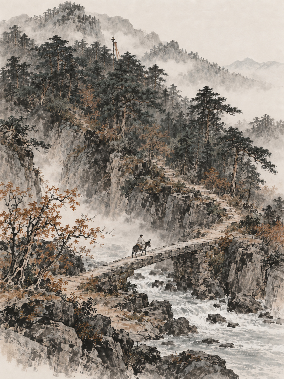 林深访寺参考作品：行客骑驴过桥，小径入松林
